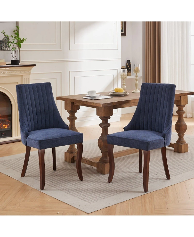Flynama Set of 2 Rayon Flocking Linen High Back Curved Solid Wood Legs Adjustable Leveling Feet Dining Chairs