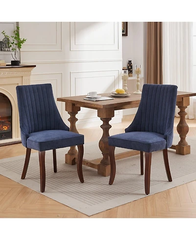 Flynama Set of 2 Rayon Flocking Linen High Back Curved Solid Wood Legs Adjustable Leveling Feet Dining Chairs
