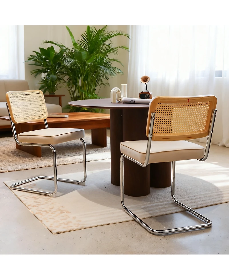 Flynama Set of 2 Champagne Velvet Rattan Cantilever Dining Chairs, Chrome Tubular Steel Breuer Stackable Side Chairs