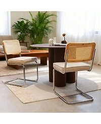 Flynama Set of 2 Champagne Velvet Rattan Cantilever Dining Chairs, Chrome Tubular Steel Breuer Stackable Side Chairs