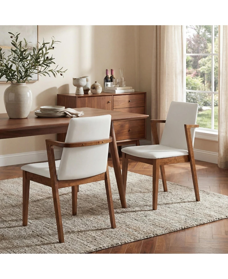 Flynama Set of 2 Mid-Century Modern Dining Armchairs Pu Upholstery with Walnut Rubber Wood Frame