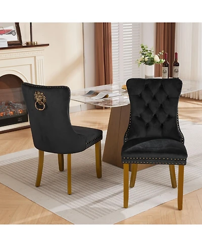 Flynama Set of 2 Velvet Mid-Century Dining Chairs, Lion Head Pull Ring Solid Wood Legs 280lbs Capacity