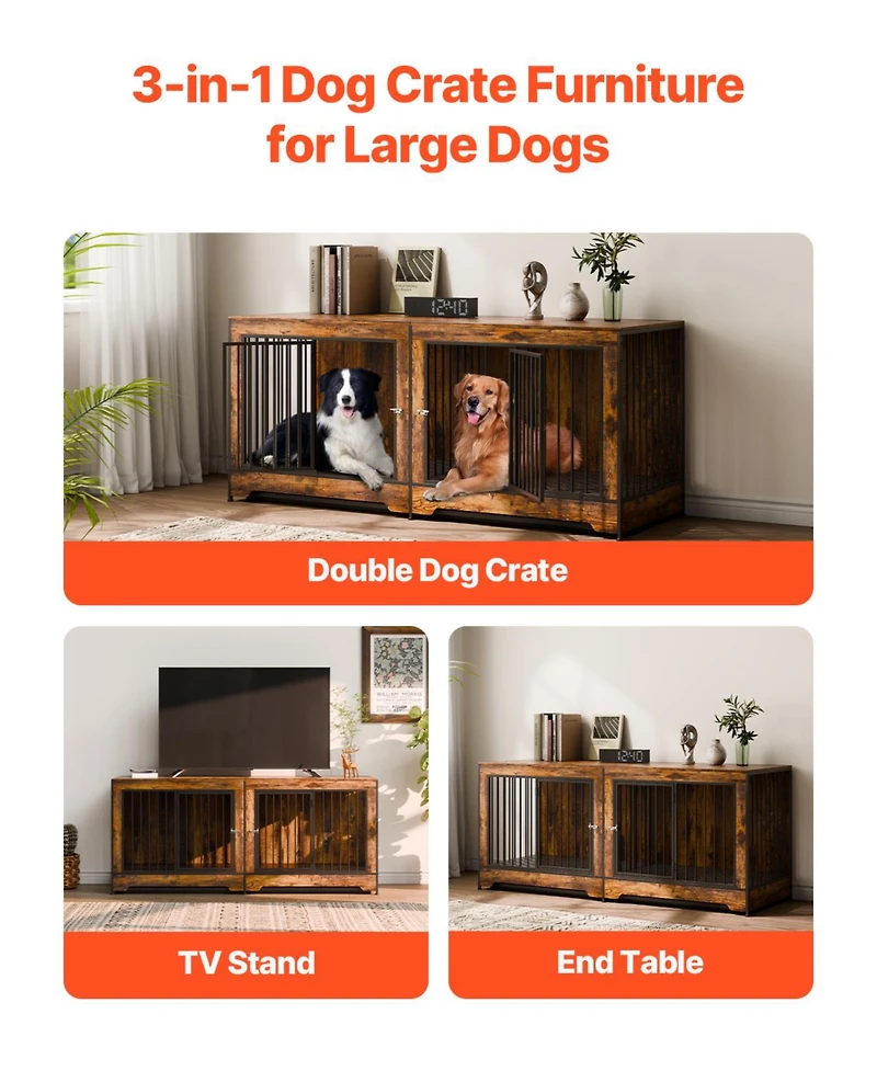 Vevor Dog Crate Furniture 75 in Indoor Wooden Dog Kennel with Divider and Tray