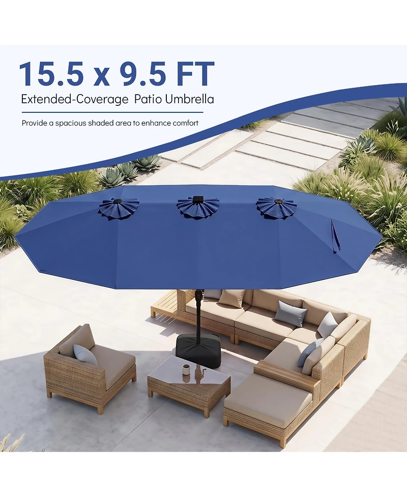 Gymax 15.5 Feet Extra-Large Patio Umbrella with Base Included 12 Ribs Light Modes