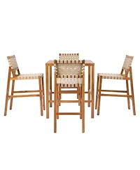 Asagikoiai 5-Piece Acacia Wood Outdoor Bar Height Dining Set with Rope Stools and Square Table