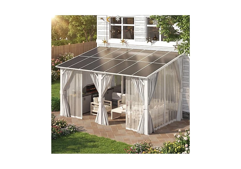 Aecojoy 14' x 8'Wall Mounted Hardtop Gazebo Lean to Metal Pergola with Curtains Netting Patio