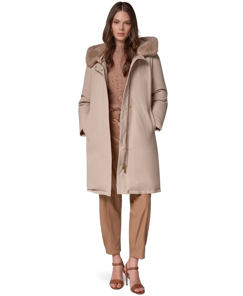 Donna Karan New York Women's Belted Fur Hooded Puffer Coat