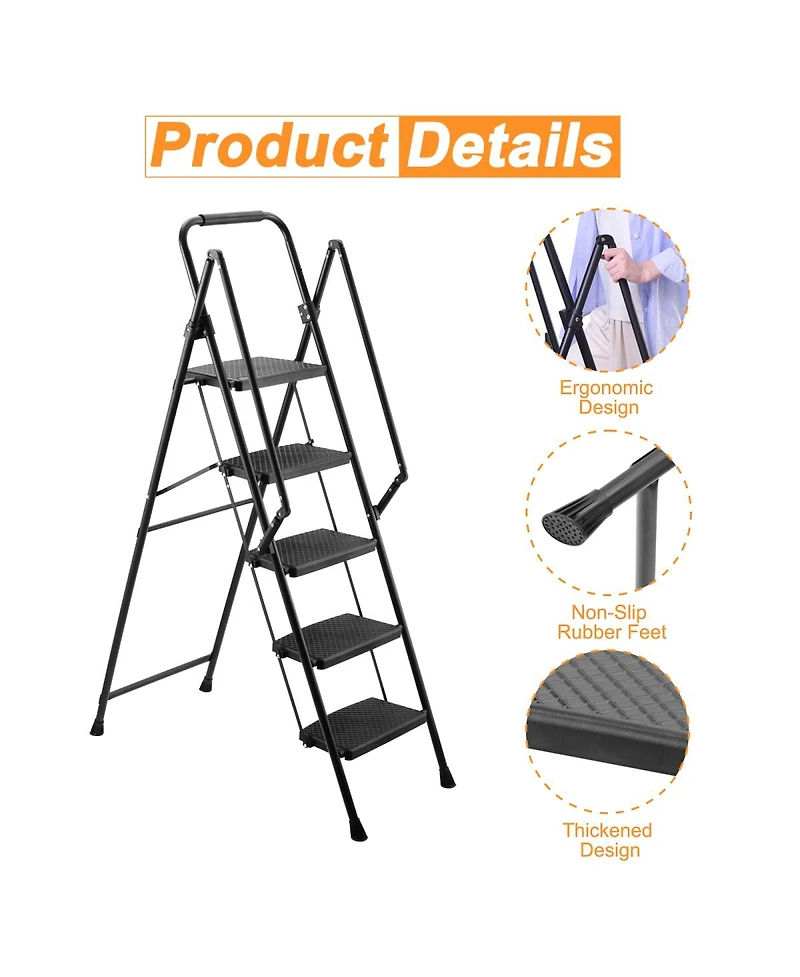 Streamdale Furniture 5-Step Folding Steel Ladder Stool with Anti-Slip Handle and Pedals, 330 lb Capacity