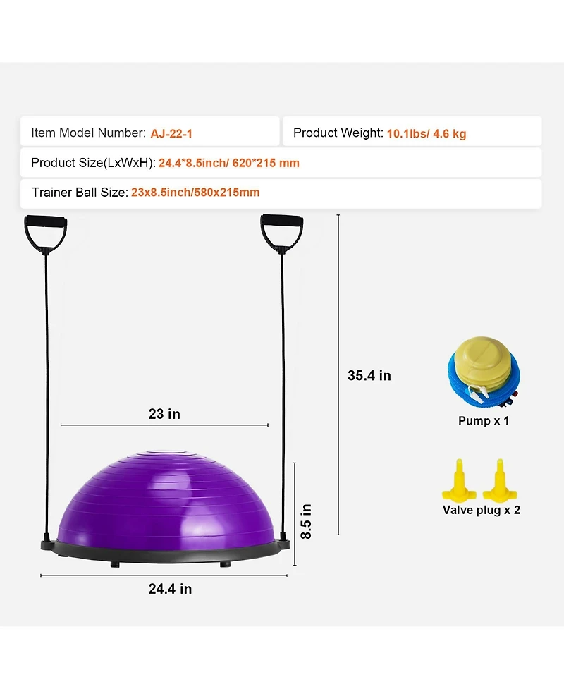 Vevor 23" Half Exercise Ball Trainer Yoga Balance Stability Ball Resistance Band