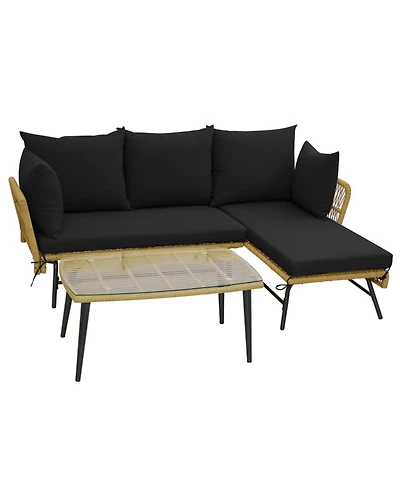 Sugift 3-Piece L-Shape Outdoor Rattan Patio Sofa Set with Glass Coffee Table
