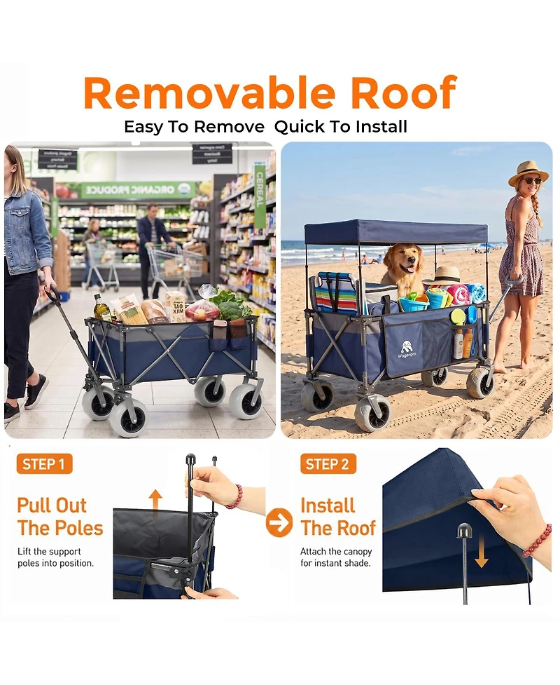 Streamdale FurnitureFoldable Heavy-Duty Utility Wagon Cart with Canopy and Beach Tires