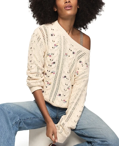 Lucky Brand Women's Floral-Embroidered Cable-Knit Crewneck Sweater