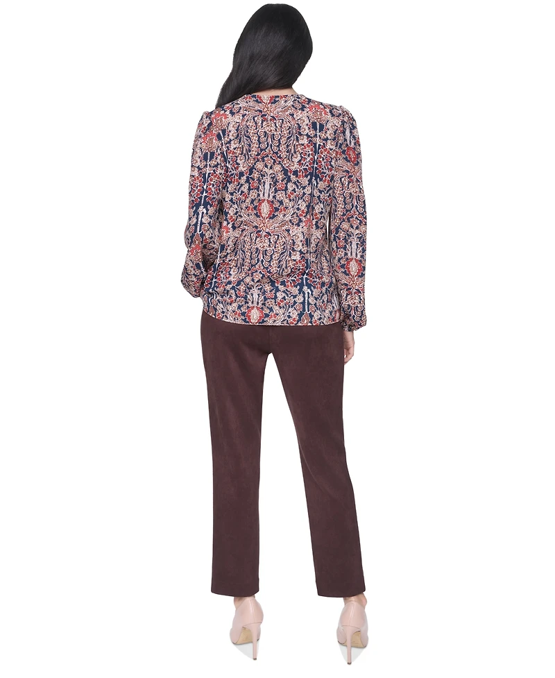 Tommy Hilfiger Women's Long-Sleeve Floral-Print Ruffle-Trim V-Neck Blouse