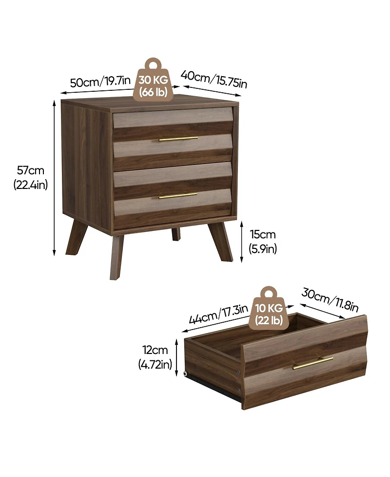 Streamdale Furniture Double Drawer Mid-Century Modern Bedside Table with Metal Handles