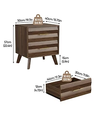 Streamdale Furniture Double Drawer Mid-Century Modern Bedside Table with Metal Handles