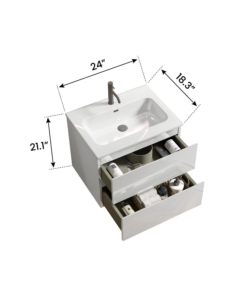 Sillysis 24'' Wall Mount Bathroom Vanity with Ceramic Sink, Glossy Floating Bathroom Vanity without Faucet, Pre-Assembled