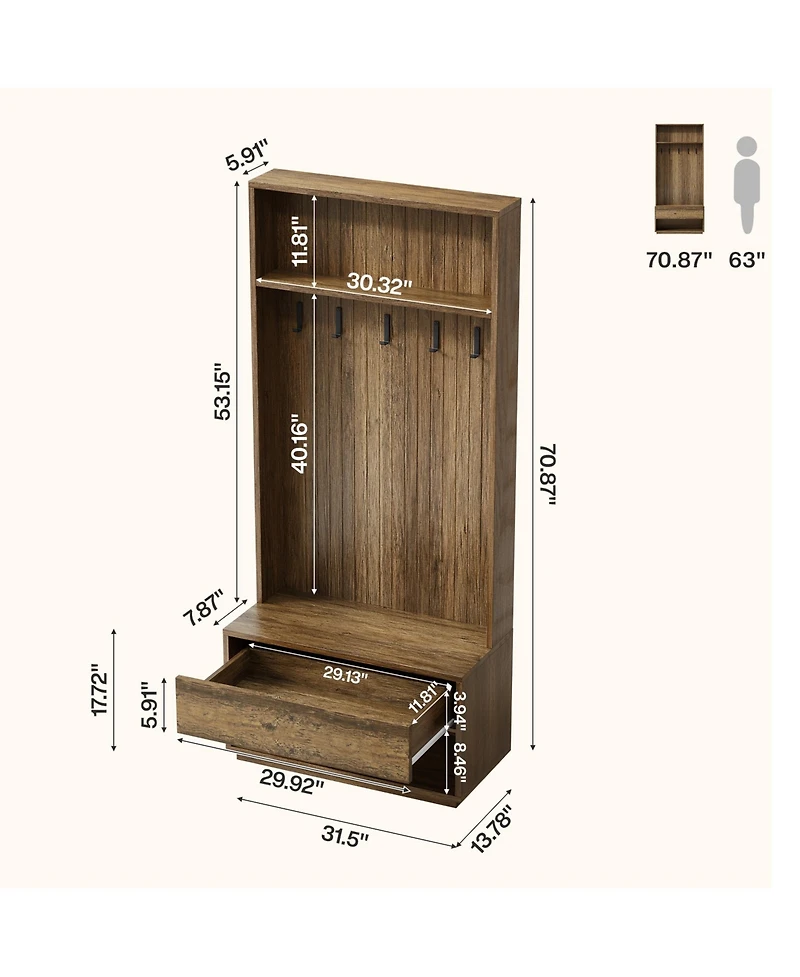 Tribesigns Hall Tree with Bench and Shoe Storage, Entryway Coat Rack with Shoe Bench and Drawer, 5 Hooks, Freestanding Hall Tree Organizer