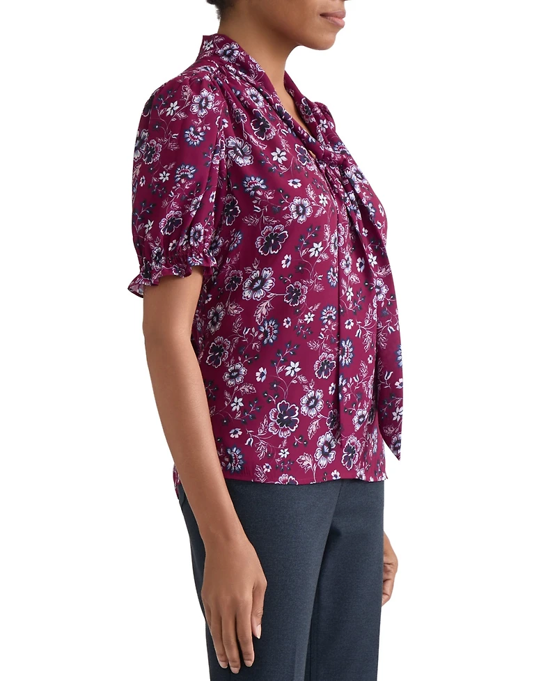 Jones New York Petite Tie-Neck Floral-Print Puff-Sleeve Blouse