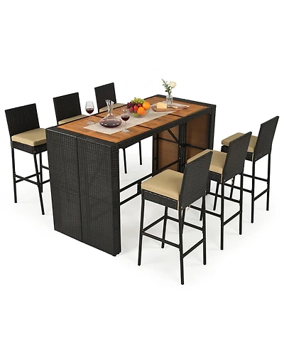 Gymax 7-Piece Pe Wicker Bar Set With Bar Height Table 6 Cushioned Stools for Yard Outdoor