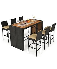 Gymax 7-Piece Pe Wicker Bar Set With Bar Height Table 6 Cushioned Stools for Yard Outdoor