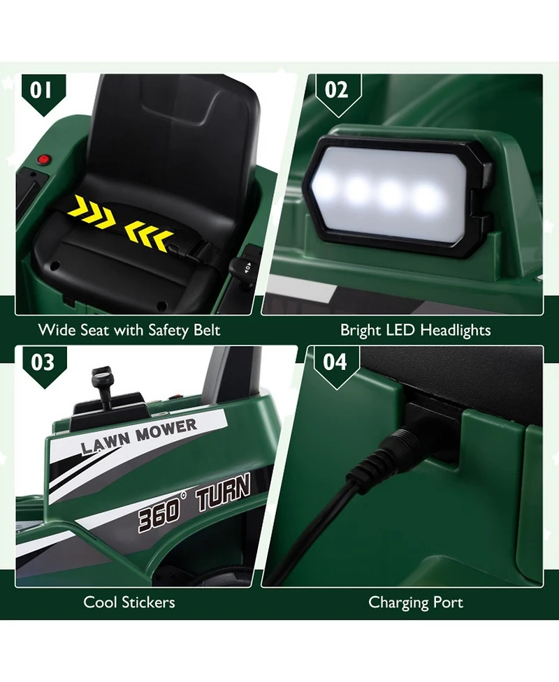 Hongge 12V Ride-On Mower with Spinning Blades and Led Lights, 77 lbs., Ages 3–8