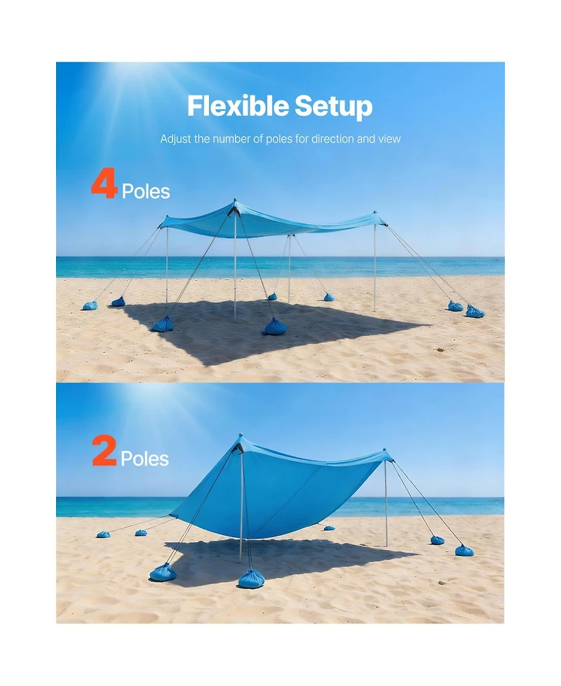 Hongge Pop Up Beach Canopy 10 x 10 feet Upf 50 Plus Stretch Shelter with 8 Sandbags Poles and Sand Shovels