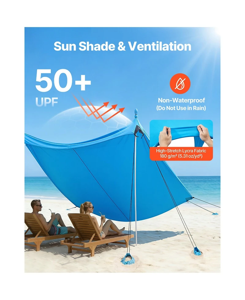Hongge Pop Up Beach Canopy 10 x 10 feet Upf 50 Plus Stretch Shelter with 8 Sandbags Poles and Sand Shovels