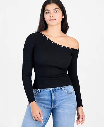 Sincerely Jules Juniors' Asym Neckline Grommet Ribbed Sweater