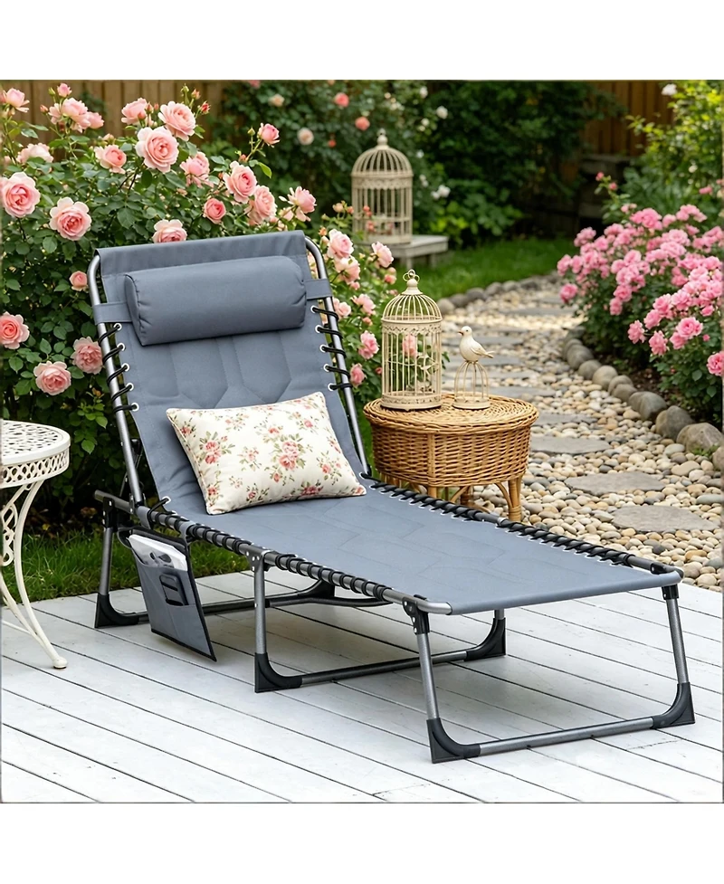 Mountaintop Gray Padded Folding Chaise Lounge Chair 6-Level Reclining Outdoor Camping Tanning Chair with Headrest for Beach Yard Patio Pool
