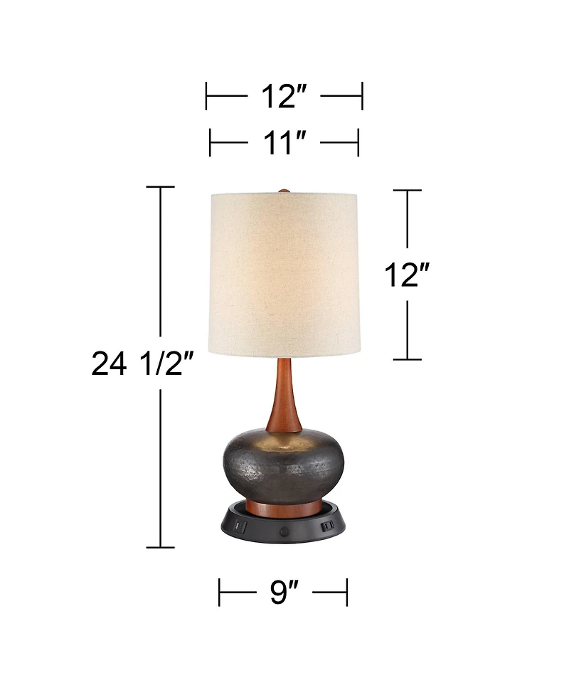 360 Lighting Andi Modern Mid Century Table Lamp 24 1/2" High Hammered with Dimmable Usb Workstation Base Shade for Bedroom Desk