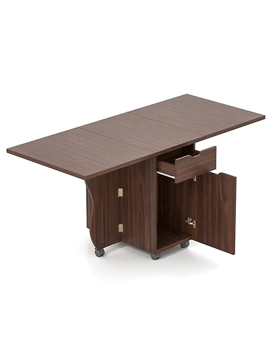 Mecale 3-in-1 Folding Drop-Leaf Dining Table with Drawers and Lockable Wheels