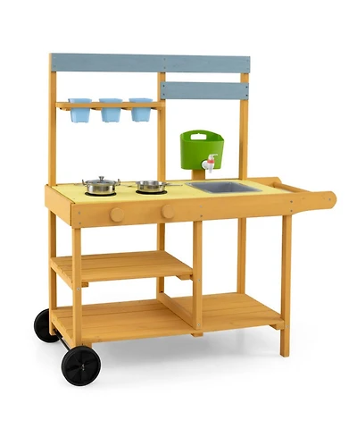 Sugift Mobile Wooden Mud Kitchen with 3 Flowerpots and Cooking Accessories, Ages 3+