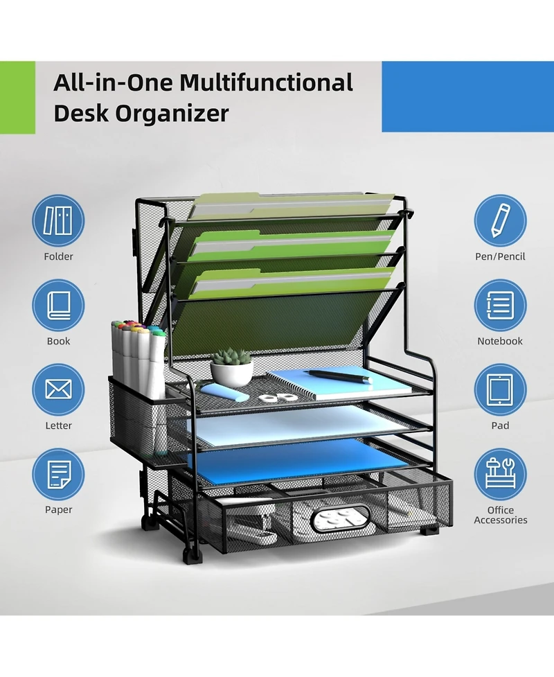 Danrong 4-Tier Document Tray and 3-Slot File Organizer – Metal Desktop Storage Rack