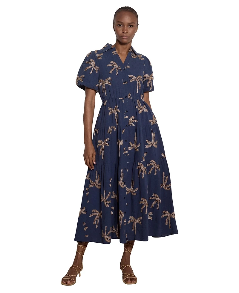 Apricot Women's Embroidered Puff-Sleeve Tiered Midi Dress