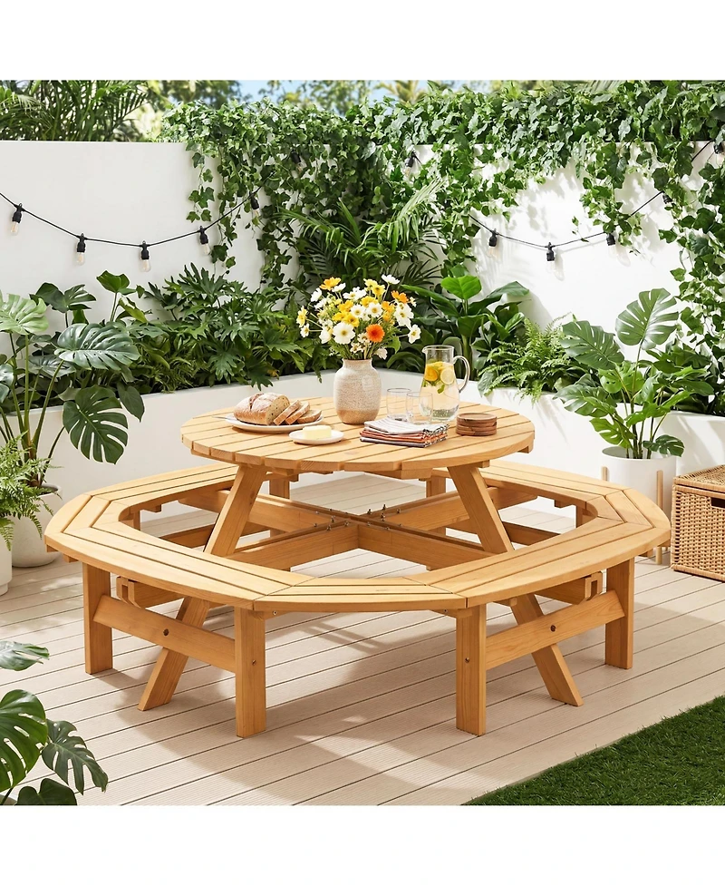 8 Person Wooden Picnic Table, Outdoor Model with 4 Built-in Benches, Circular Dining Set with Umbrella Hole for Garden Patio Backyard