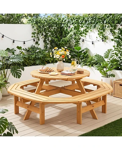 8 Person Wooden Picnic Table, Outdoor Model with 4 Built-in Benches, Circular Dining Set with Umbrella Hole for Garden Patio Backyard