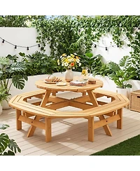 8 Person Wooden Picnic Table, Outdoor Model with 4 Built-in Benches, Circular Dining Set with Umbrella Hole for Garden Patio Backyard