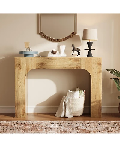 Farmhouse Narrow Console Table with Arched Base, Slim Wood Sofa Table in Oak Finish for Entryway Behind Couch Hallway Living Room