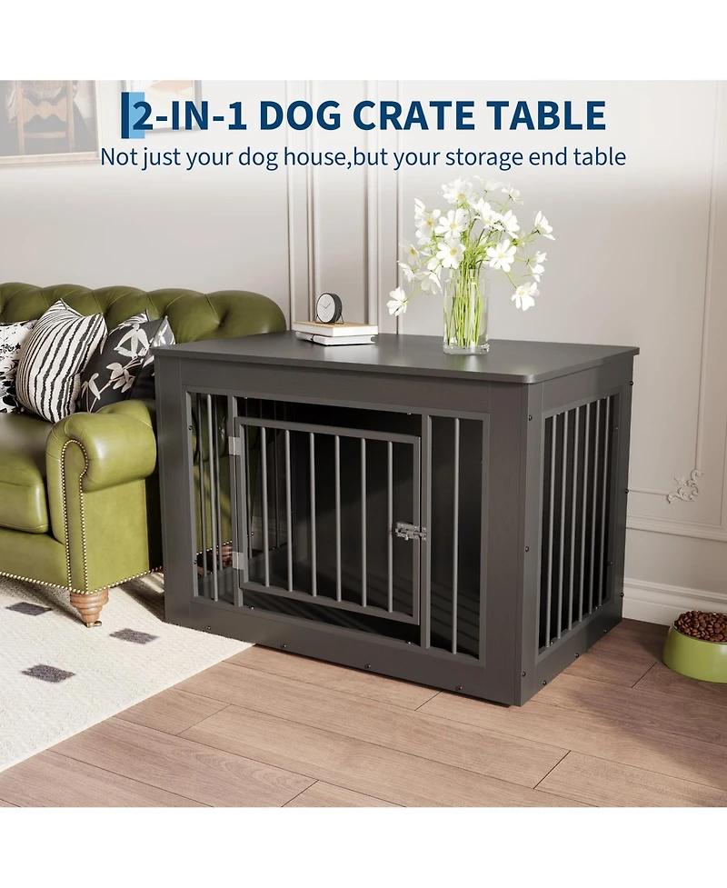 38.2 Inch 2-in-1 Iron and Wood Dog Crate Furniture, Farmhouse Pet Kennel, Works as Side Table, Slide Lock and Flat Top for Pets of Different Sizes