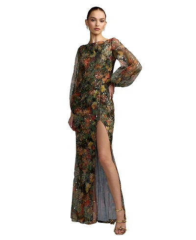 Mac Duggal Women's Floral Print Sequined Puff Sleeve Gown