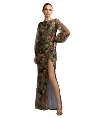 Mac Duggal Women's Floral Print Sequined Puff Sleeve Gown