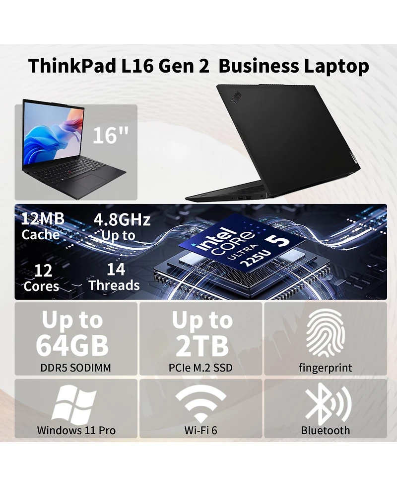 Lenovo ThinkPad L16 16" Fhd+ Touch Ai Laptop, Intel Core Ultra 5 225U, Intel Graphics, 16GB DDR5, 1TB Ssd, Wi-Fi 6, Win11 Pro, Black