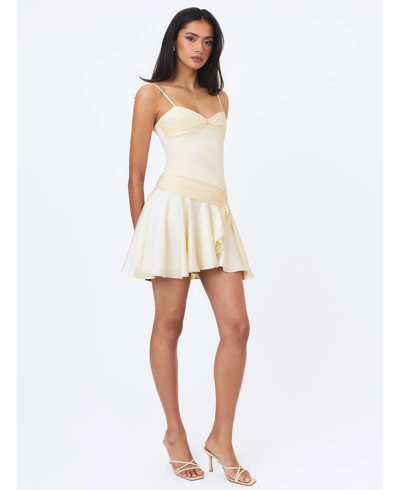 Miss Circle Women's Yvonne Ivory Satin Asymmetrical Ruched Mini Dress
