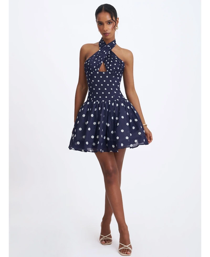 Miss Circle Women's Yamina Navy Polka Dot Ramie Crossover Halter Gathered Mini Dress