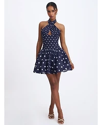 Miss Circle Women's Yamina Navy Polka Dot Ramie Crossover Halter Gathered Mini Dress