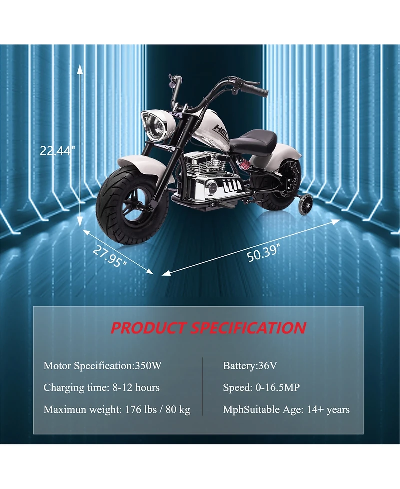 50-Inch Kids Electric Ride On Motorcycle, 36V 350W Brushless Motor, 22 Mph Max Speed, Outdoor Riding Toy for Boys and Girls, White, Ages 8-12