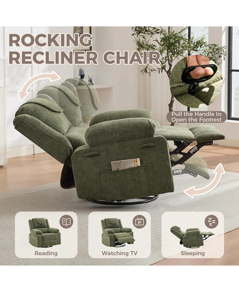 Oversized 360degree(s) Swivel Rocking Recliner Chair Deep Seat | High Back Heat and Vibration Massage Side Pocket Single Sofa for Living Room, Bedroom