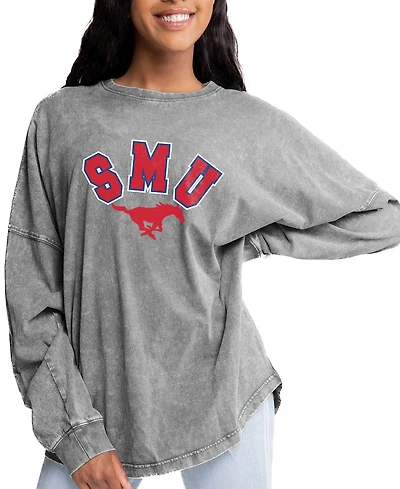 Gameday Couture Women's Gray Smu Mustangs Faded Wash Pullover Sweatshirt