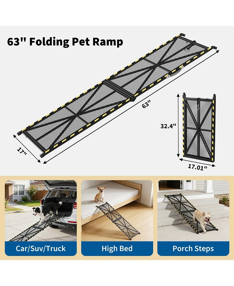 63 x 17 in Dog Ramp for Car Suv Truck, Foldable Non-Slip Steel Frame Pet Ramp for Large Dogs, Vehicle Access Ramp for Cars Stairs