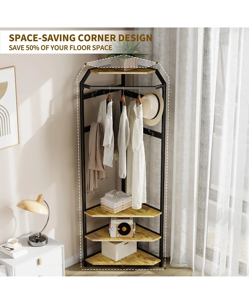 Corner Hall Tree Coat Rack with Shoe Bench, 12 Hooks and Hanging Rod, Space-Saving Storage Organizer for Entryway Bedroom Living Room
